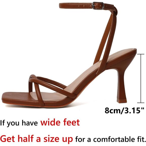 Women's Brown Square Open Toe Kitten Strappy Ankle Strap Heeled Sandals Shoes - Picture 4 of 9